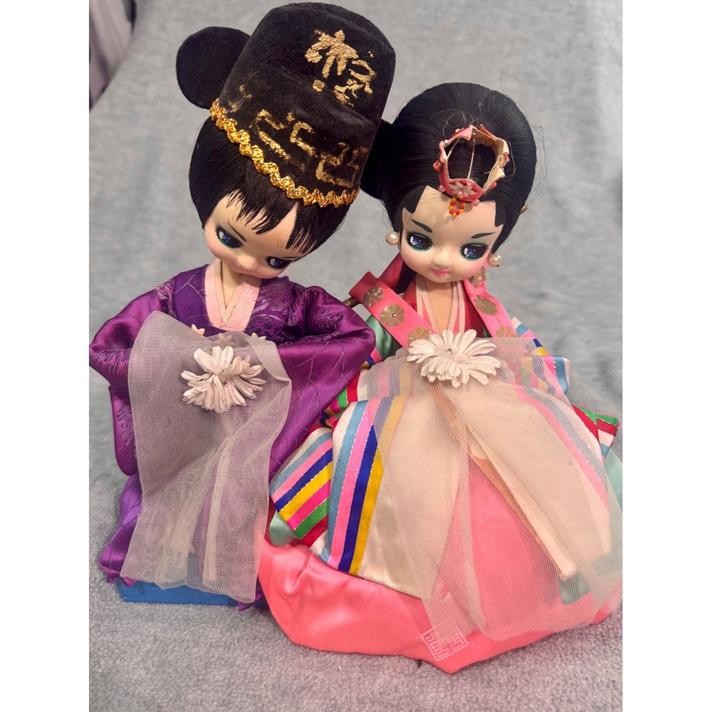 Vintage Korean Wedding Dolls Traditional Hanbok Bride and Groom Silk Figures‎